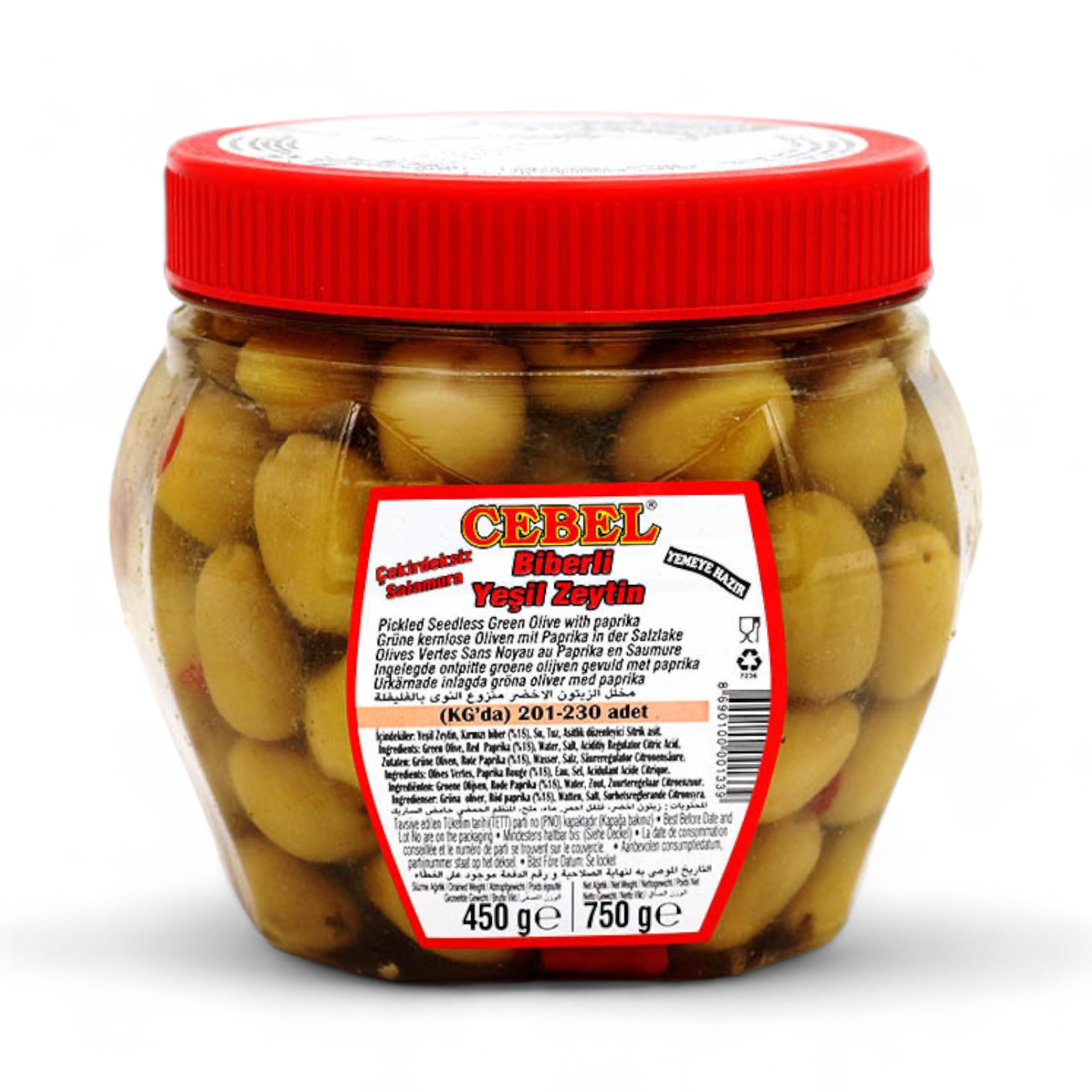 Cebel Biberli Yesil Zeytin-  Grüne kernlose Oliven mit Roter Paprika XL 450g