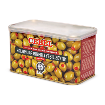 Cebel Salamura Biberli Yesil Zeytin-  Grüne kernlose Oliven mit roter Paprika gefüllt In Salzlake XL 600g